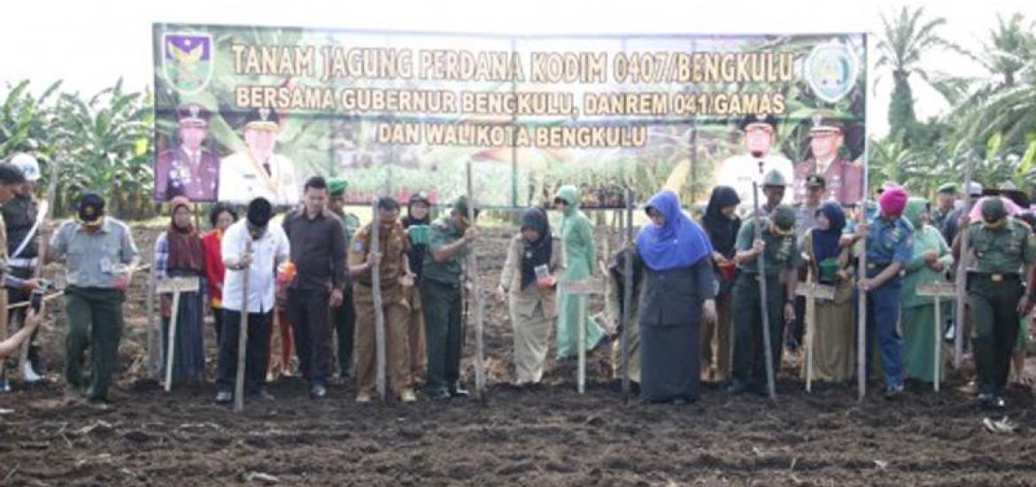 Walikota Bengkulu saat Gerakan Tanam Jagung Hibrida bersama pemerintah provinsi, Danrem, Dandim, Lanal, Camat dan Lurah serta petani di Kelurahan Kandang Mas, Kecamatan Kampung Melayu.