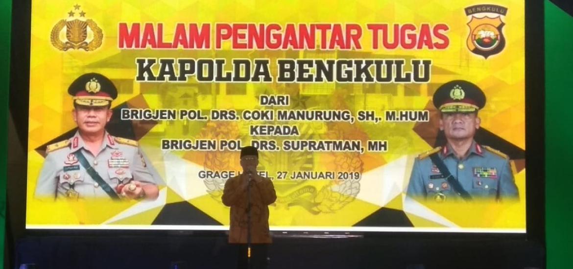 Gubernur Bengkulu Rohidin Mersyah saata pisah sambut Kapolda