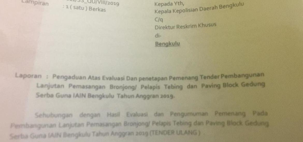 Surat Laporan CV. Quality Utama ke Polda Bengkulu, Potok/Dok