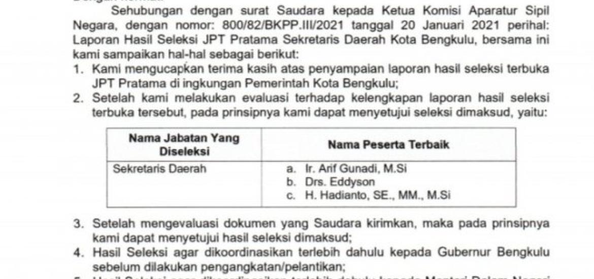 Seleksi Calon Sekda Kota Bengkulu Mengerucut 3 Nama