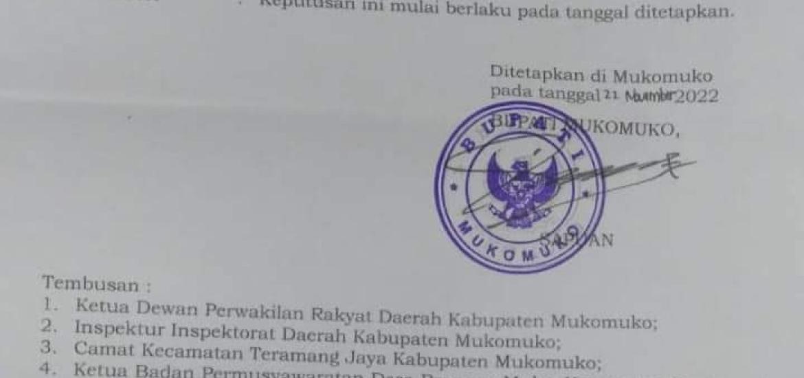Bupati Mukomuko Resmi Cabut Masa Jabatan Kades Berangan Mulya