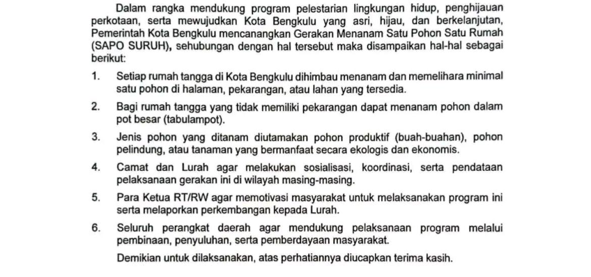 Surat Edaran Walikota Bengkulu 
