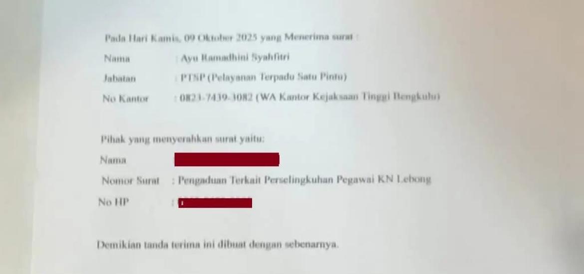 Laporan pengaduan DH ke Kejati Bengkulu, Kamis, 9 Oktober 2025, Foto: Dok